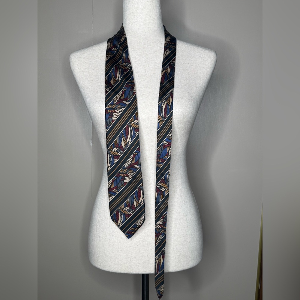 Vintage All Silk Feather Print Striped Necktie